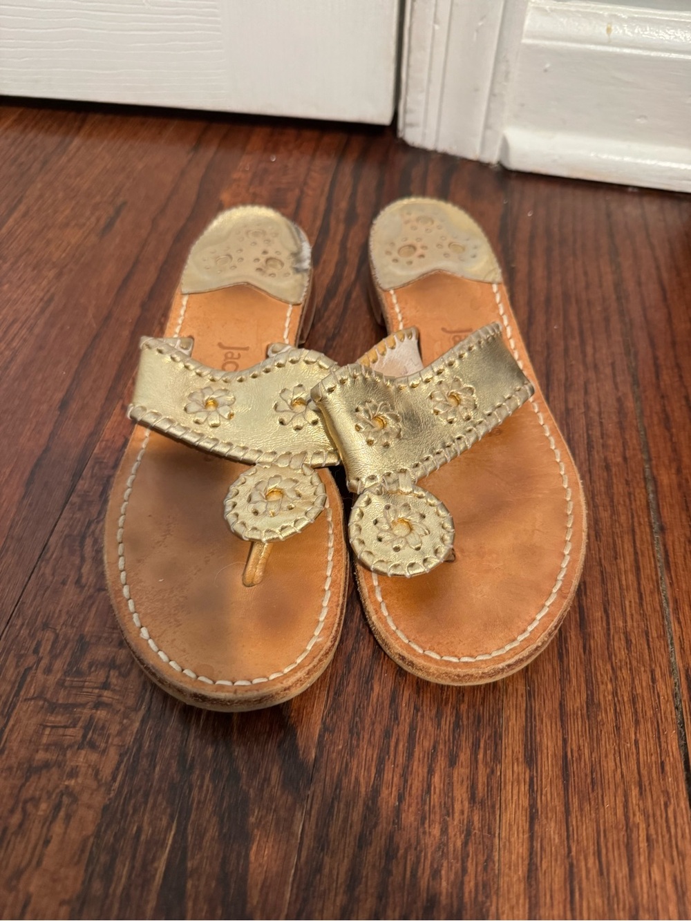 Jack Rogers Gold Leather Stacked Sandal with Floral Cutouts